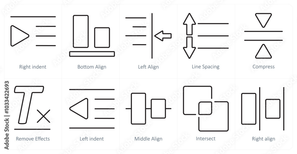 A set of 10 editing tools icons as right indent, bottom align, left align A set of 10 editing tools icons as right indent, bottom align, left align