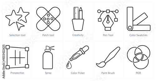 A set of 10 editing tools icons as selection tool, patch tool, creativity