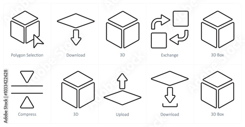 A set of 10 editing tools icons as polygon selection, download, 3d