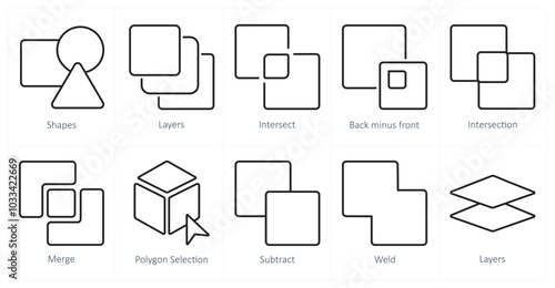 A set of 10 editing tools icons as shapes, layers, intersect