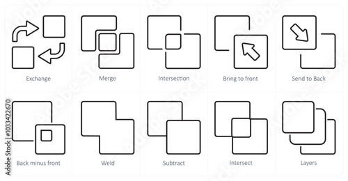 A set of 10 editing tools icons as exchange, merge, intersection