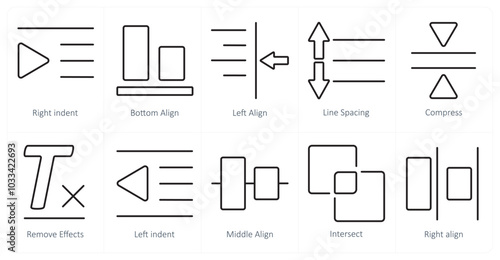 A set of 10 editing tools icons as right indent, bottom align, left align