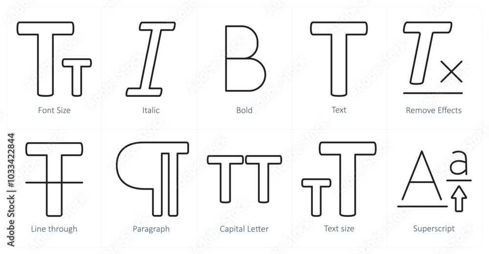 A set of 10 editing tools icons as font size, italic, bold A set of 10 editing tools icons as font size, italic, bold