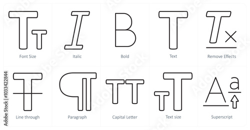 A set of 10 editing tools icons as font size, italic, bold