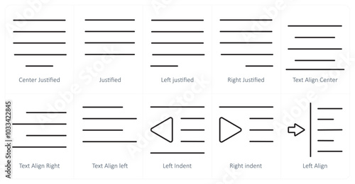 A set of 10 editing tools icons as center justified, justified, left justified