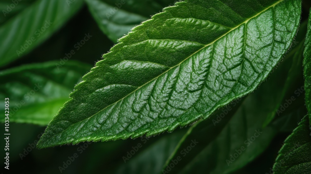 A detailed close-up of a single large green leaf, showcasing its intricate veins and lush texture, set against a vibrant backdrop, full of nature's beauty. A detailed close-up of a single large green leaf, showcasing its intricate veins and lush texture, set against a vibrant backdrop, full of nature's beauty.