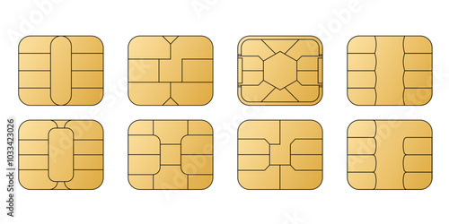 EMV chip golden vector icons. Square computer microchips for credit debit cards. Contactless payment at terminals and ATMs. Set line nfc symbol. 