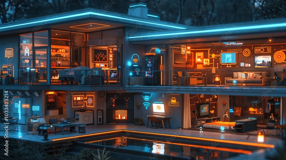 An indoor scene showcasing smart home technology through the Internet of Things (IoT), featuring holographic displays and advanced devices. This image embodies the future of intelligent living and con An indoor scene showcasing smart home technology through the Internet of Things (IoT), featuring holographic displays and advanced devices. This image embodies the future of intelligent living and con