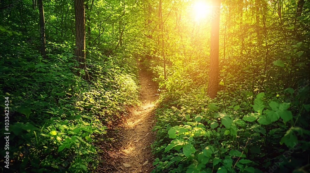 Obraz premium Hiker's point of view of narrow trail winding through dense forest