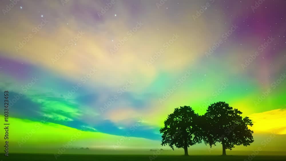Timelapse of vibrant night sky due to mystical aurora borealis over two trees Timelapse of vibrant night sky due to mystical aurora borealis over two trees