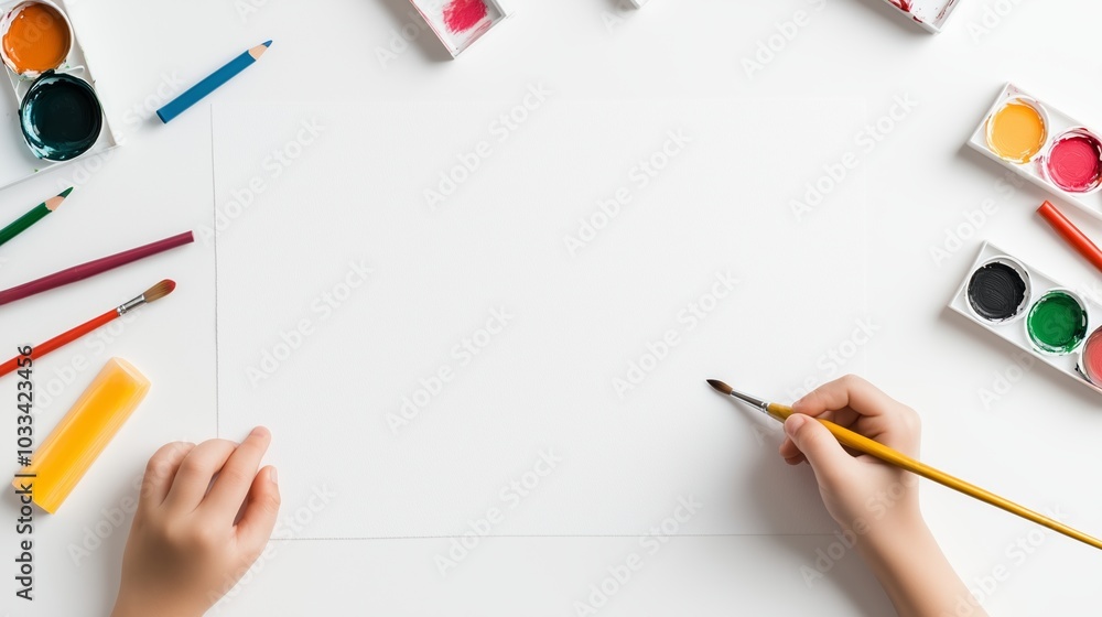 A child’s hands poised to paint on a blank canvas surrounded by colorful art supplies at a bright workspace A child’s hands poised to paint on a blank canvas surrounded by colorful art supplies at a bright workspace