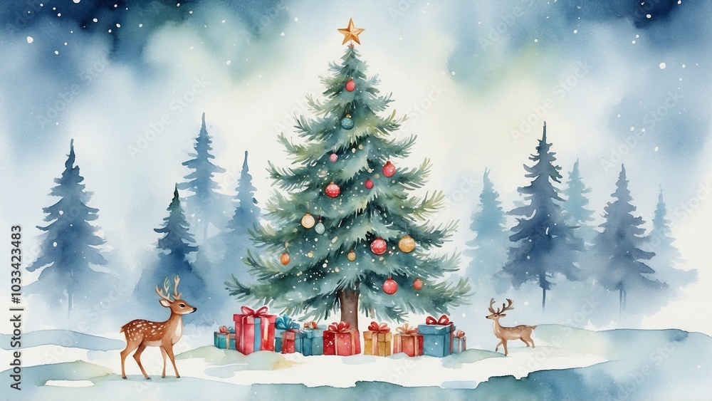 Hand-painted Christmas tree adorned with ornaments and a gentle deer beside it, surrounded by subtle snowflakes in a festive watercolor style Hand-painted Christmas tree adorned with ornaments and a gentle deer beside it, surrounded by subtle snowflakes in a festive watercolor style