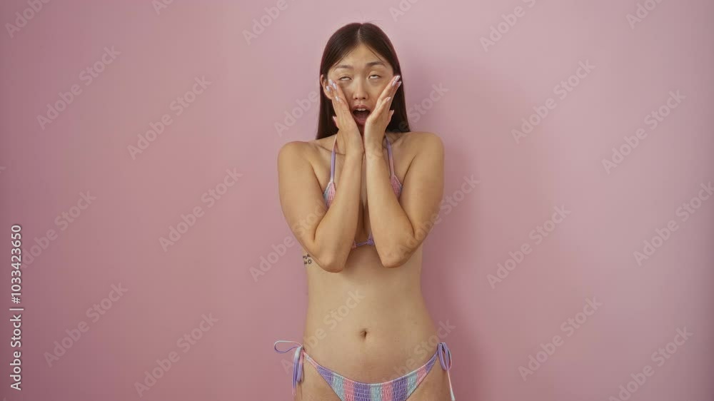 Shocked and amazed young chinese woman wearing bikini over isolated pink background with surprised expression on face Shocked and amazed young chinese woman wearing bikini over isolated pink background with surprised expression on face