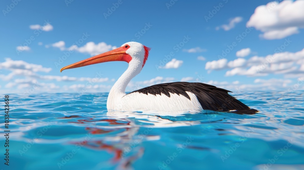 Pelican Swimming in Ocean with Blue Sky and Clouds Pelican Swimming in Ocean with Blue Sky and Clouds
