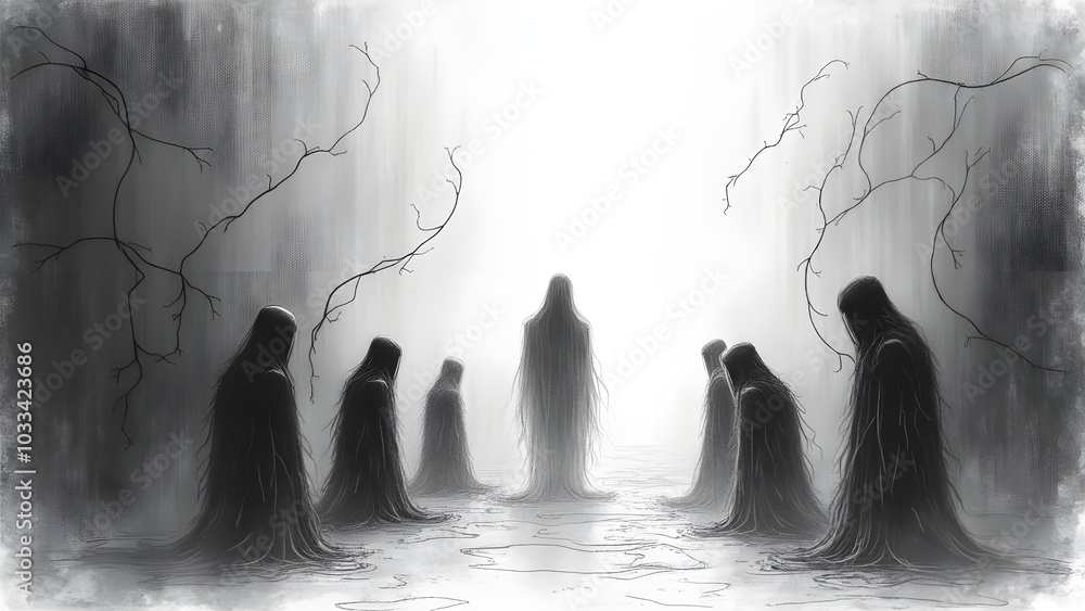 Pencil sketch artistic image of shadowy background with ghostly figures floating around