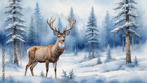 Majestic deer in a soft blue winter landscape, surrounded by watercolor fir trees