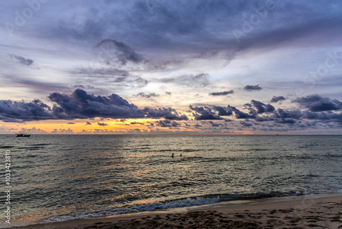 Beautiful orange and purple sunset by the sea, Phu Quoc island, Vietnam