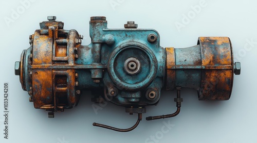 Rusty industrial component with mechanical details and fittings.