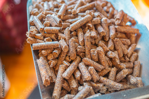 Tableau sur toile Ecological heating by pellet combustion, pressed sawdust pellets for energy saving stoves