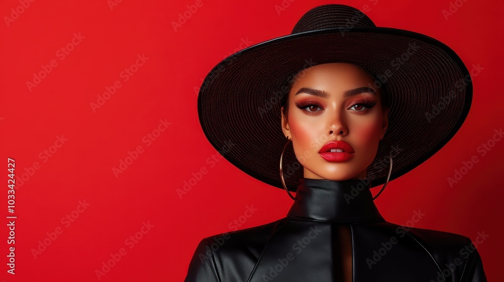A dynamic portrait of a bold woman in a dramatic black hat and chic outfit against a contrasting vivid red background, showcasing an artistic and high-fashion look. A dynamic portrait of a bold woman in a dramatic black hat and chic outfit against a contrasting vivid red background, showcasing an artistic and high-fashion look.
