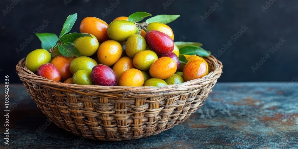 A basket on the table contains ripe and unripe jujube fruits. A basket on the table contains ripe and unripe jujube fruits.