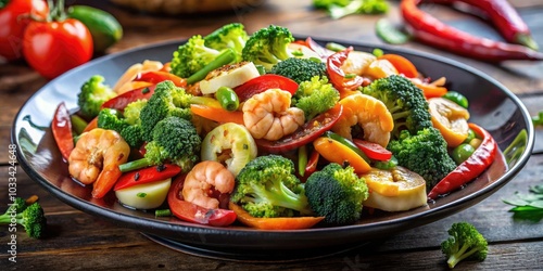 Delicious Fried Mixed Vegetables and Seafood Platter with Vibrant Colors and Texture, Perfect for Culinary Photography, Healthy Eating, Gourmet Cuisine, Appetizing Meal Ideas, Seafood Lovers