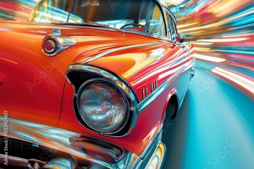 Close-up of a classic car with vibrant colors and abstract motion blur 