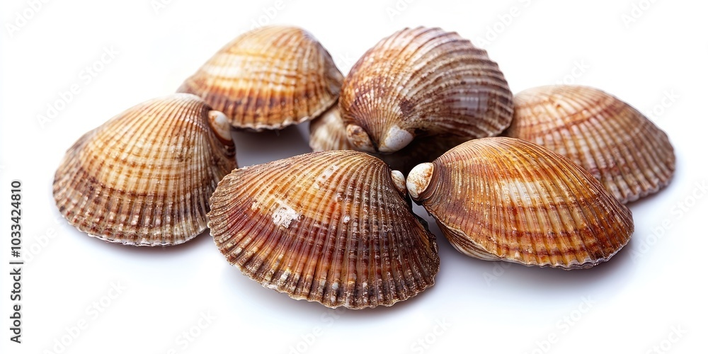 Raw blood cockle set against a white background. Raw blood cockle set against a white background.