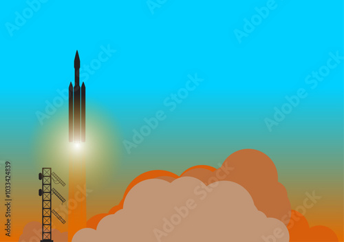 Vector illustration of Rocket ship lifting off from launchpad, leaving behind a large smoke plume. 
