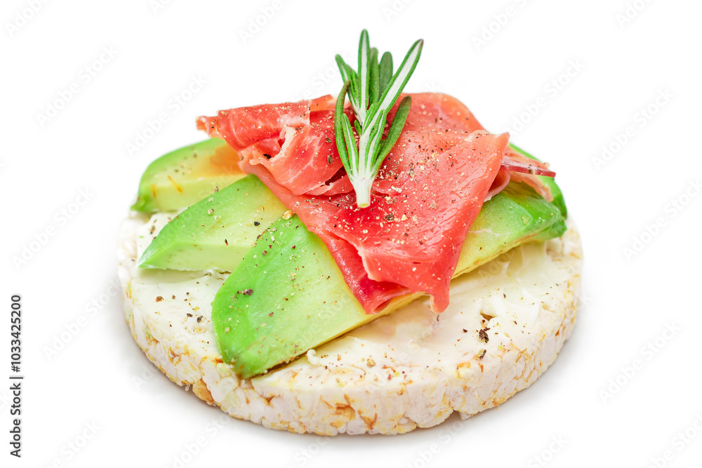 Rice Cake Sandwich with Fresh Avocado, Jamon and Rosemary - Isolated on White. Easy Breakfast. Diet Food. Quick and Healthy Sandwiches. Crispbread with Tasty Filling. Healthy Dietary Snack - Isolation Rice Cake Sandwich with Fresh Avocado, Jamon and Rosemary - Isolated on White. Easy Breakfast. Diet Food. Quick and Healthy Sandwiches. Crispbread with Tasty Filling. Healthy Dietary Snack - Isolation