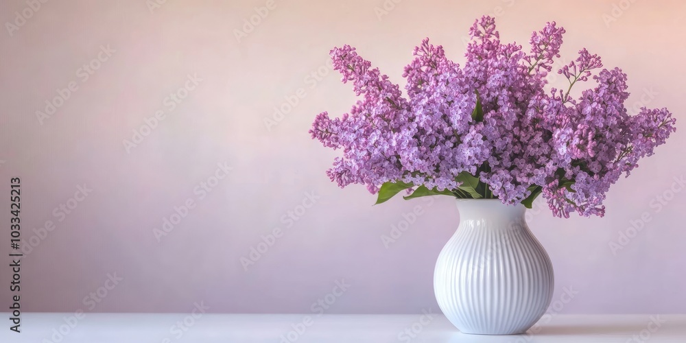 A vase containing a purple bouquet of lilac flowers on a white table, copyspace. A vase containing a purple bouquet of lilac flowers on a white table, copyspace.