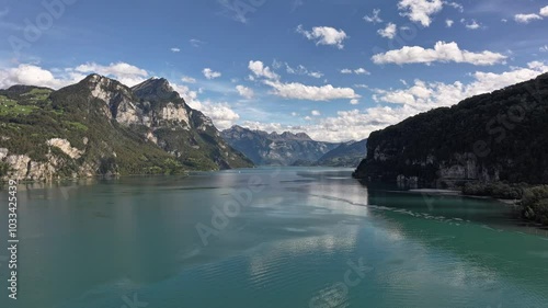 Lake Walensee, Quarten, Canton St. Gallen, Switzerland - Drone Hyperlapse photo