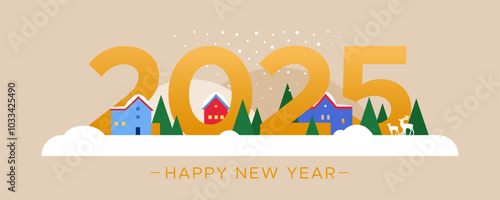 Golden 2025 year number with snowly town on a beige background. Merry Christmas and Happy New Year banner.