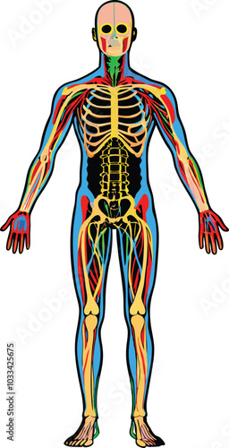 Human body including the skeletal, muscular, nervous, circulatory, respiratory, digestive, endocrine, immune system vector illustration