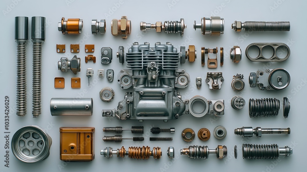 Collection of mechanical engine parts arranged for display. Collection of mechanical engine parts arranged for display.