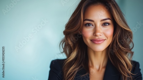 Portrait of a confident woman with long, wavy hair, wearing a black outfit, smiling warmly against a solid teal background, her expression is welcoming.