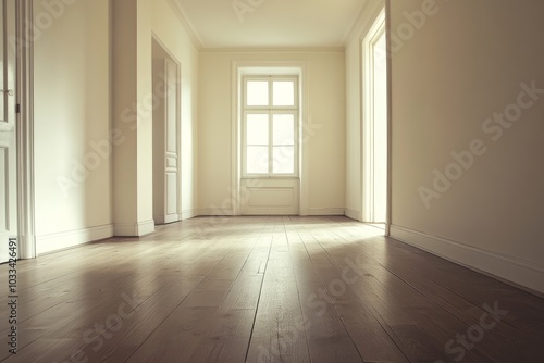 An empty hallway with hardwood floors, white walls, and a window letting in natural light.