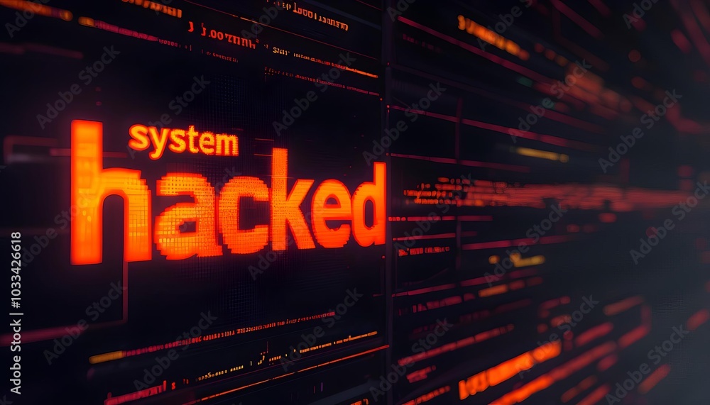 System Hacked text glowing in red on dark digital background, cybersecurity breach alert System Hacked text glowing in red on dark digital background, cybersecurity breach alert