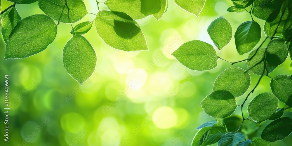 Natural green backdrop, close-up of green leaves with a blurred background and bright sunlight. Summer view of leaves against a lime-toned background.