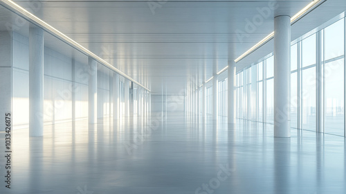 A wide-angle view of an empty modern office building with large windows and white walls