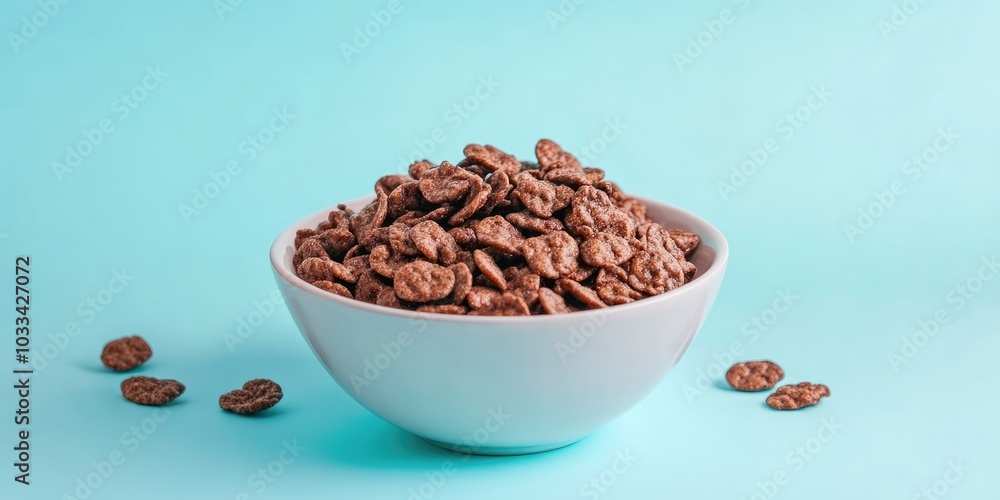 Bowl of chocolate cornflakes with milk on a blue background. Breakfast idea. Bowl of chocolate cornflakes with milk on a blue background. Breakfast idea.