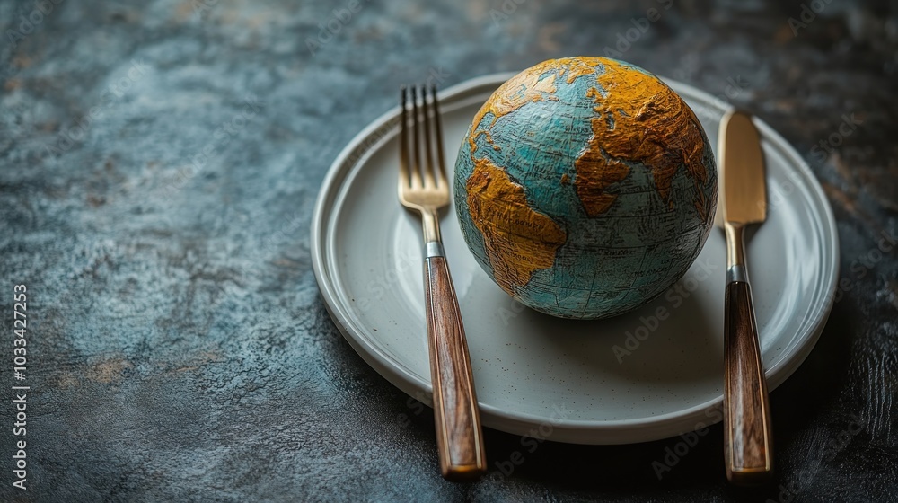 A globe placed on a plate with cutlery, symbolizing global consumption. A globe placed on a plate with cutlery, symbolizing global consumption.