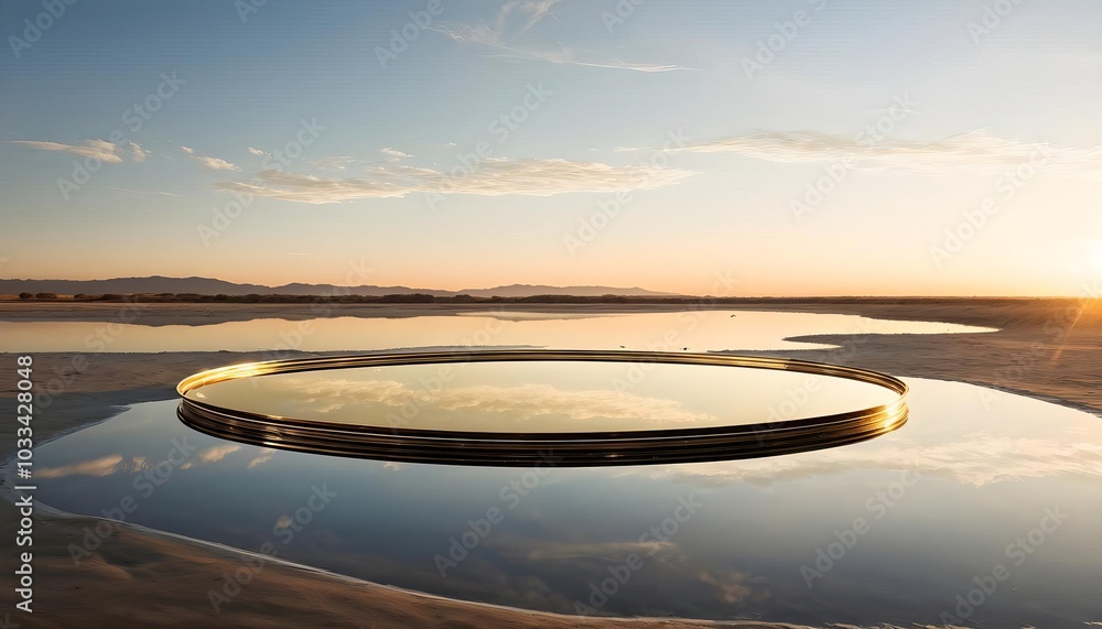 Reflective circular water surface at sunset, golden earth tones, serene landscape art Reflective circular water surface at sunset, golden earth tones, serene landscape art