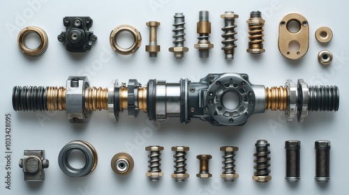 Collection of mechanical components arranged for analysis or assembly.