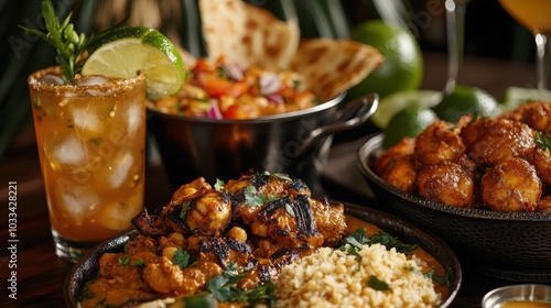 A table set with an exotic assortment of grilled dishes including chickpeas and tropical beverages with lime, depicting a rich culinary cultural experience. photo