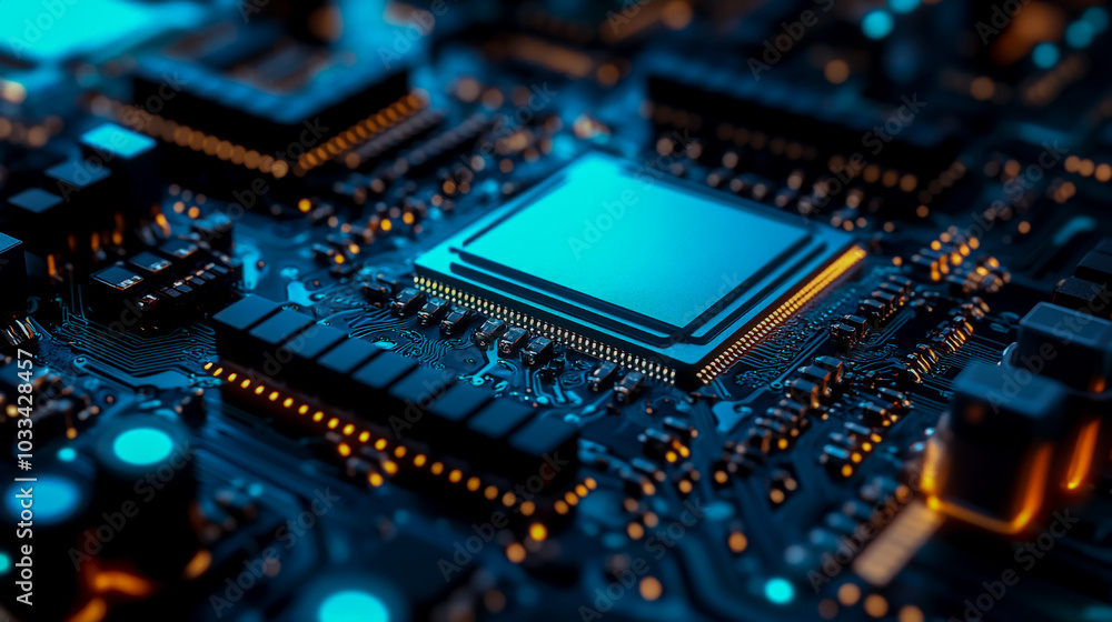 A circuit board with blue and teal chips, showcasing the advanced technology behind computer hardware. A circuit board with blue and teal chips, showcasing the advanced technology behind computer hardware.