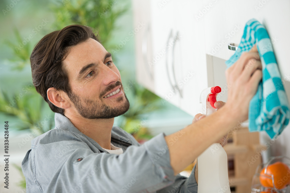 man cleaning using a spray detergent man cleaning using a spray detergent