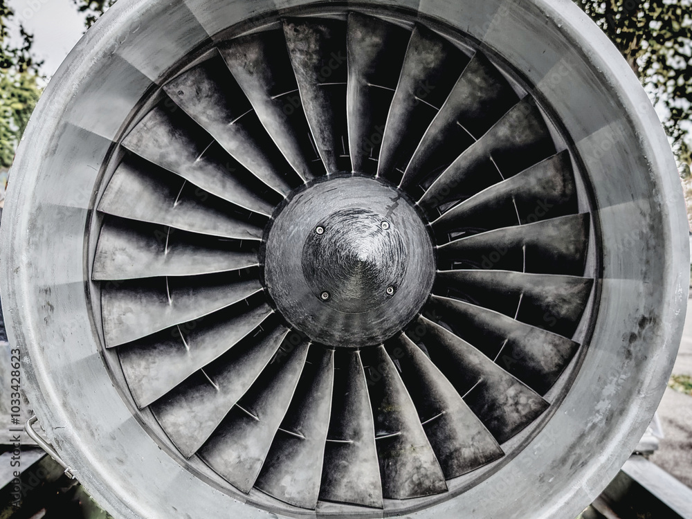 Close up of a large jet or airplane engine turbine blades. Old engine Close up of a large jet or airplane engine turbine blades. Old engine