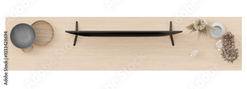 Wooden TV sideboard, on transparent background. Cut out furniture. Contemporary, minimalistic style. Top view, floor plan element. Modern home aesthetic. 3D render.