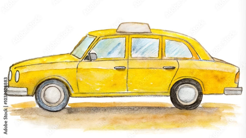 Side view watercolor drawing of a yellow taxi cab with a white roof Side view watercolor drawing of a yellow taxi cab with a white roof